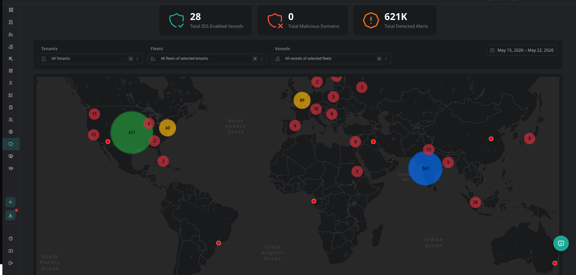 Rudra Defend - Fleet-wide threat detection map showing 621K detected alerts
